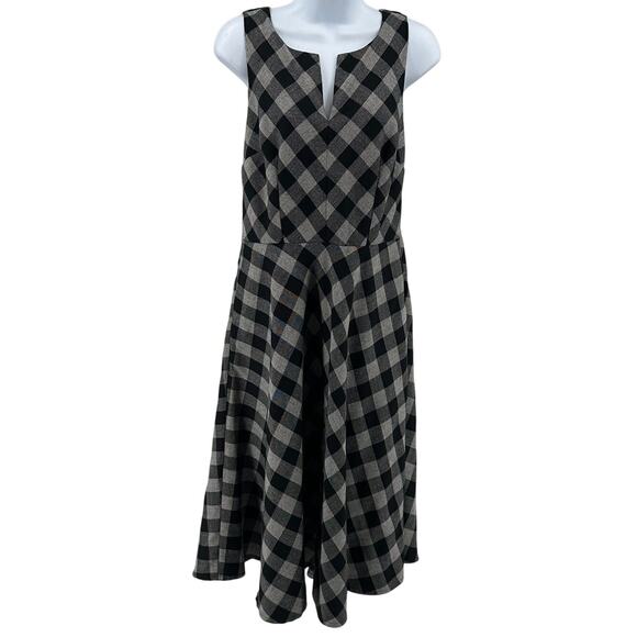 eShakti Dress SZ S Midi Fit & Flare Black Gray Plaid Sleeveless Split Neck Lined - Picture 1 of 7